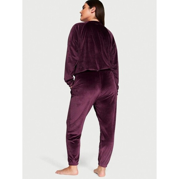 Victorias Secret Velour Lounge Set Purple Ribbed Crewneck Jogger TOP M/PANTS S - Picture 2 of 16